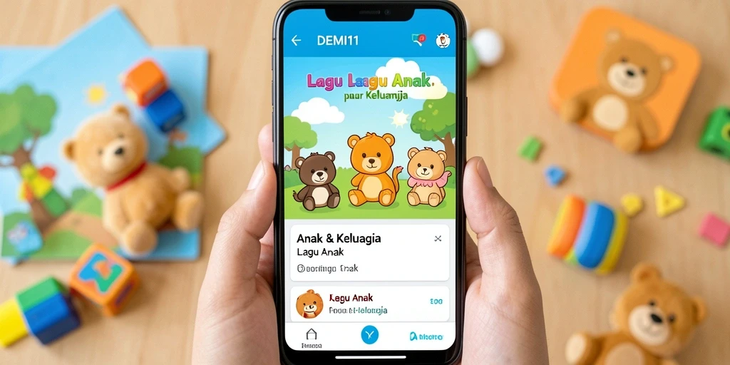 Tampilan antarmuka aplikasi DEMI11 dengan berbagai pilihan lagu anak.
